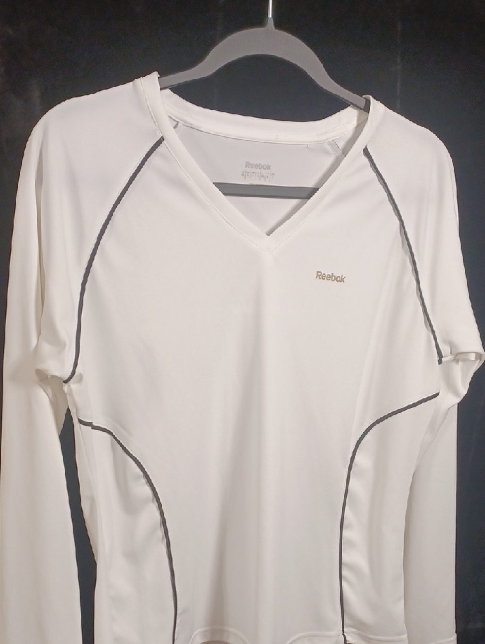 Reebok White Long-Sleeve V-Neck Performance Tee with Contrast Piping